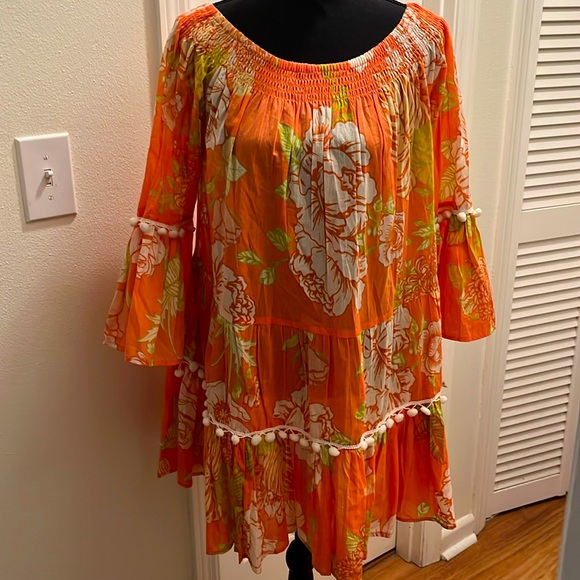 True Destinations Resort Wear Cover Up Dress Floral Pom Pom - Picture 1 of 6